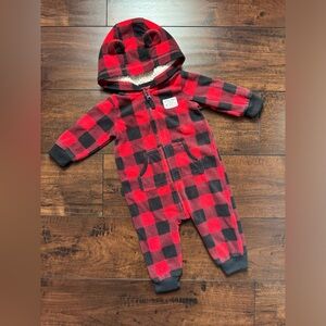Carter's Red and Black Buffalo Check Fleece Bear Hood Jumpsuit 6M